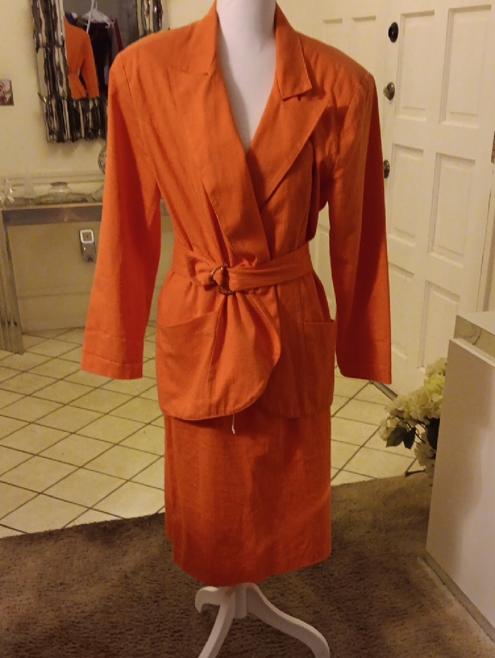 Tailored Orange Pencil Skirt with Matching Belted Jacket